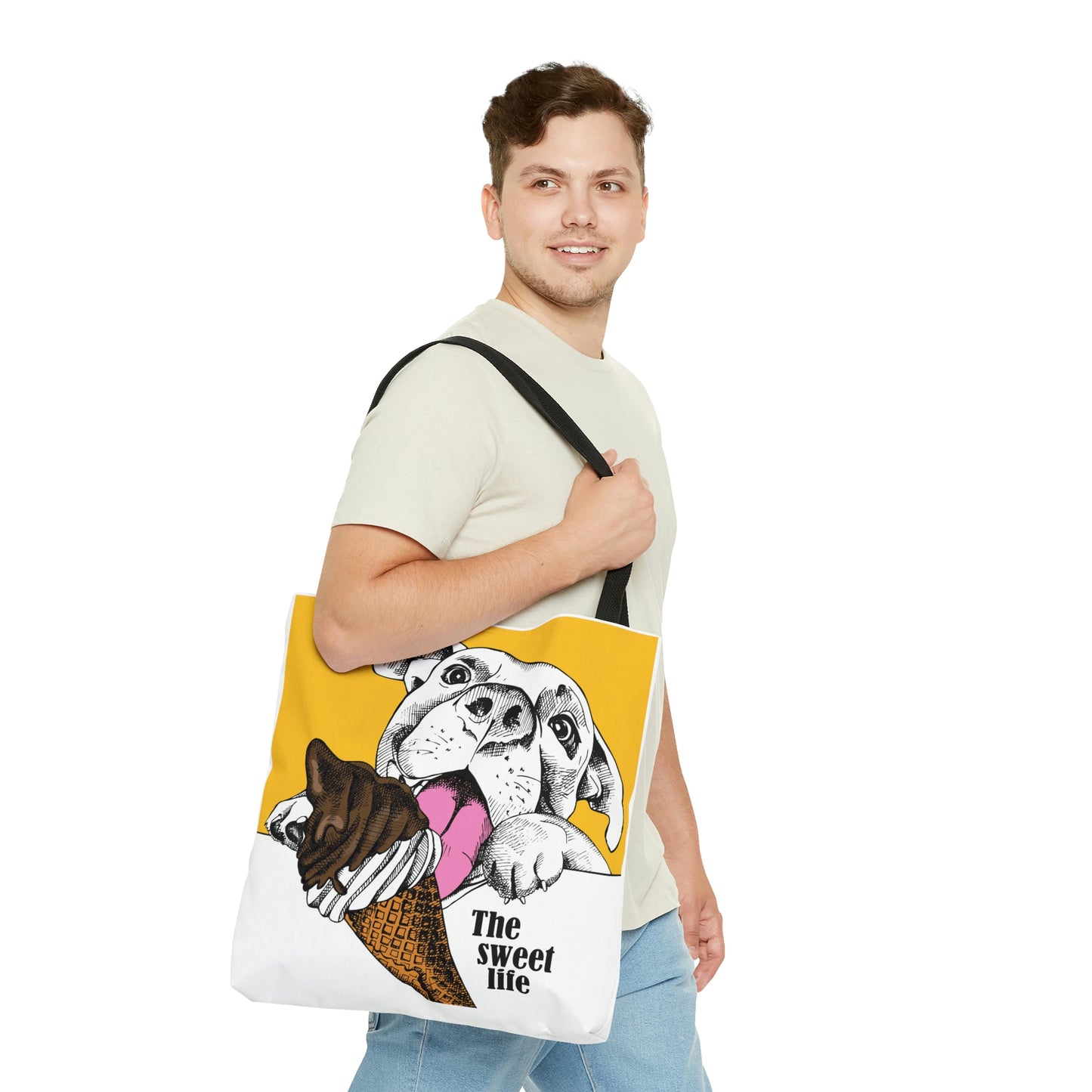 AOP Tote Bag "Happy dog with ice cream on yellow background"