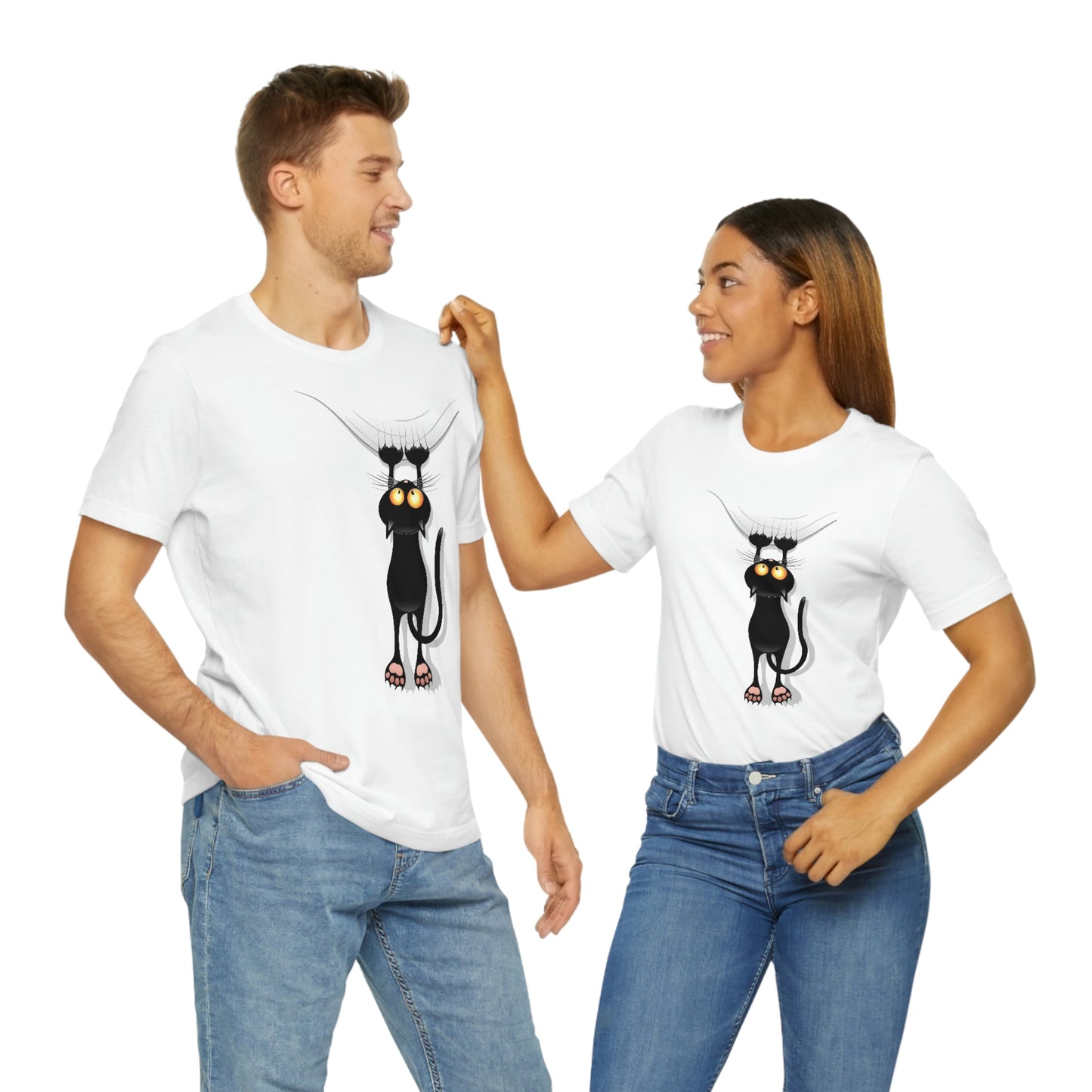Unisex Jersey Short Sleeve Tee "Funny Cat Cartoon Scratching Curtain"