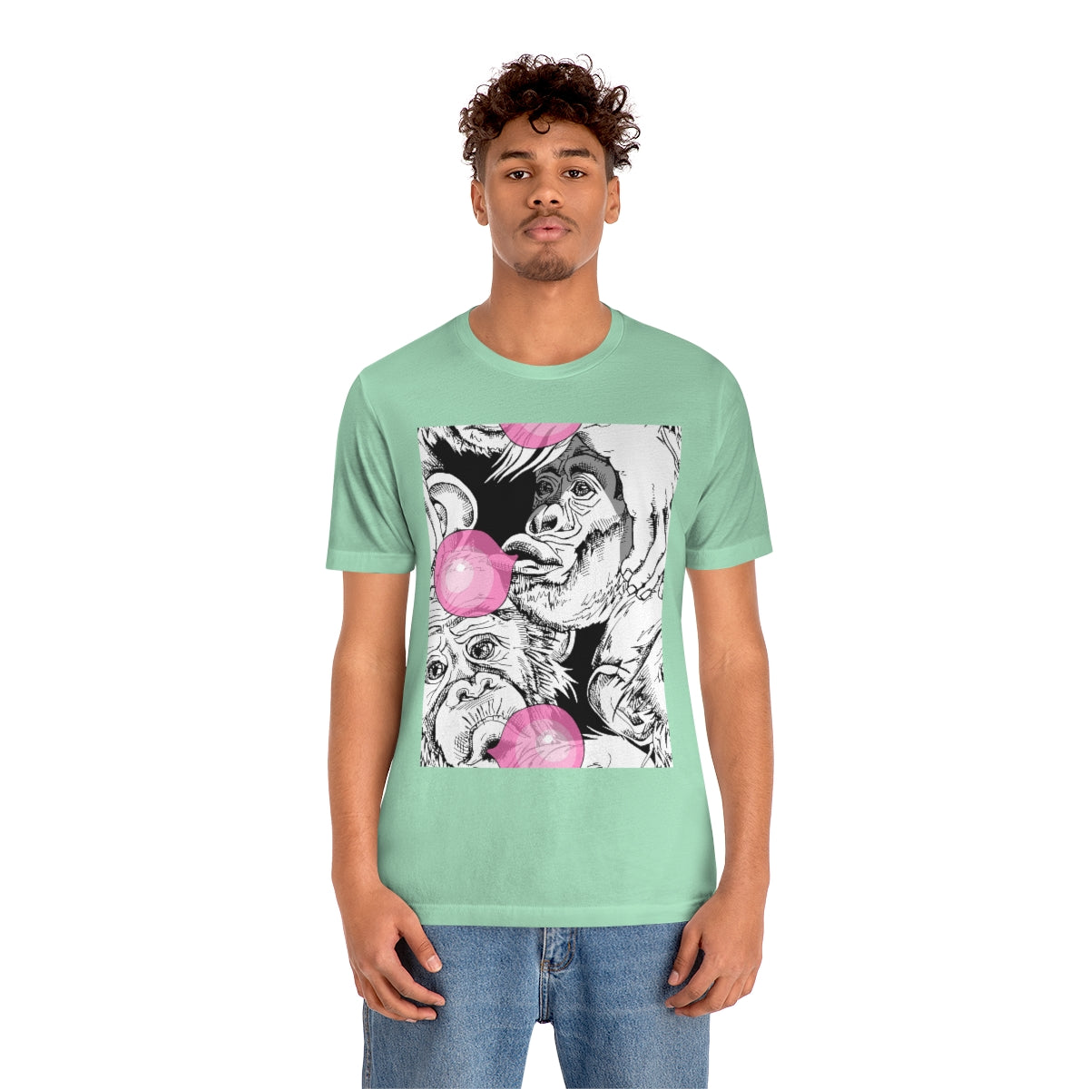 Unisex Jersey Short Sleeve Tee "Funny Monkey with a pink bubble gum"
