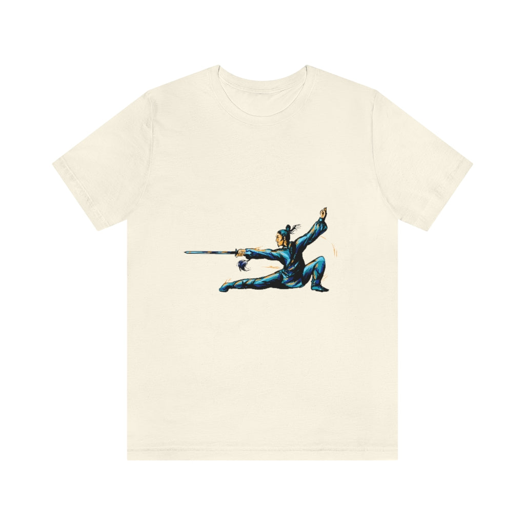 Unisex Jersey Short Sleeve Tee "Master of wushu in a blue kimono with a sword on training"
