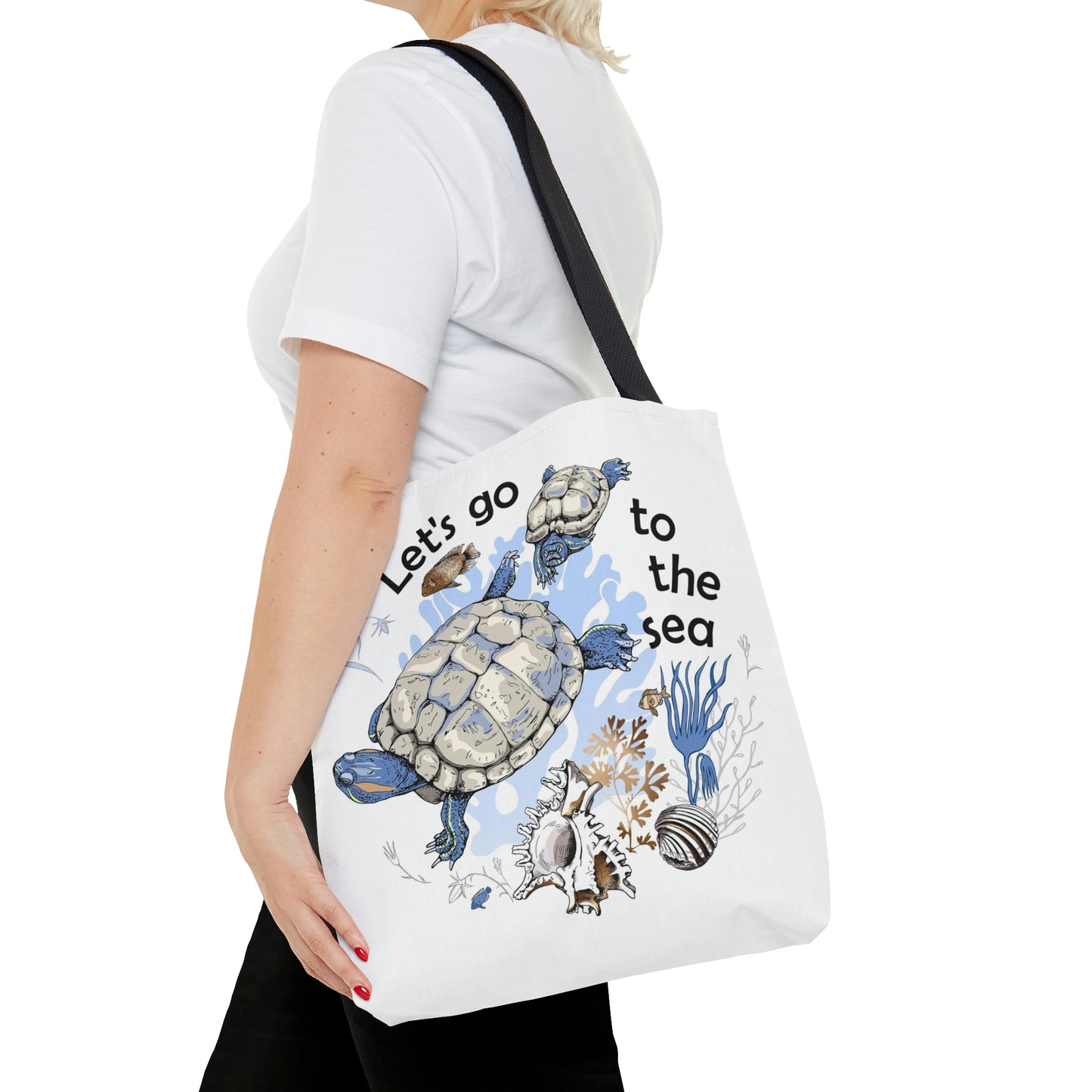 AOP Tote Bag "Two Turtle, corals, shells and fishes in the sea"