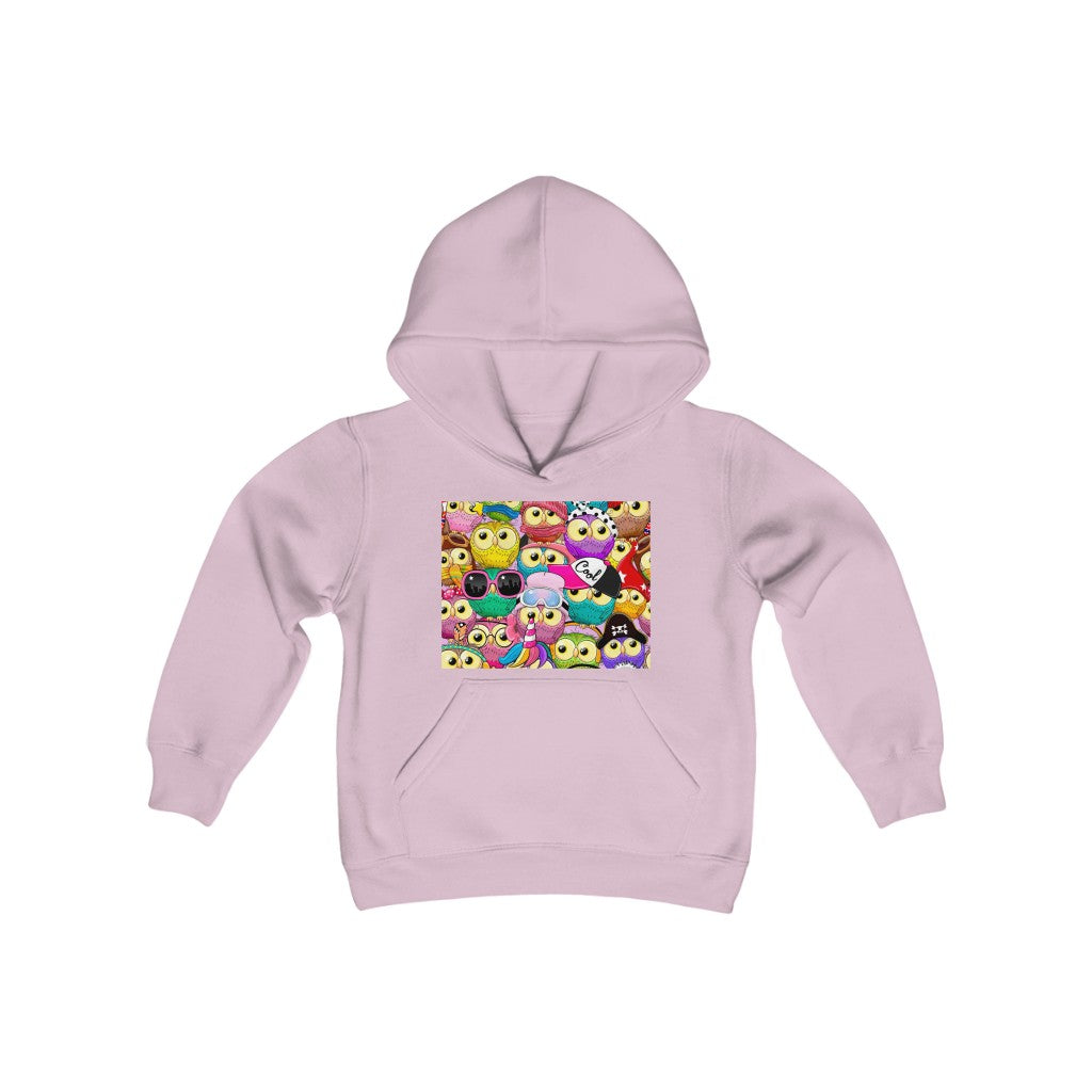 Youth Heavy Blend Hooded Sweatshirt "Colorful Pattern with cute cartoon owls"