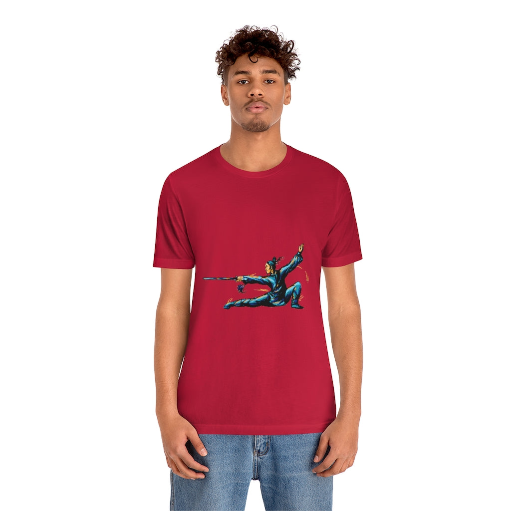 Unisex Jersey Short Sleeve Tee "Master of wushu in a blue kimono with a sword on training"