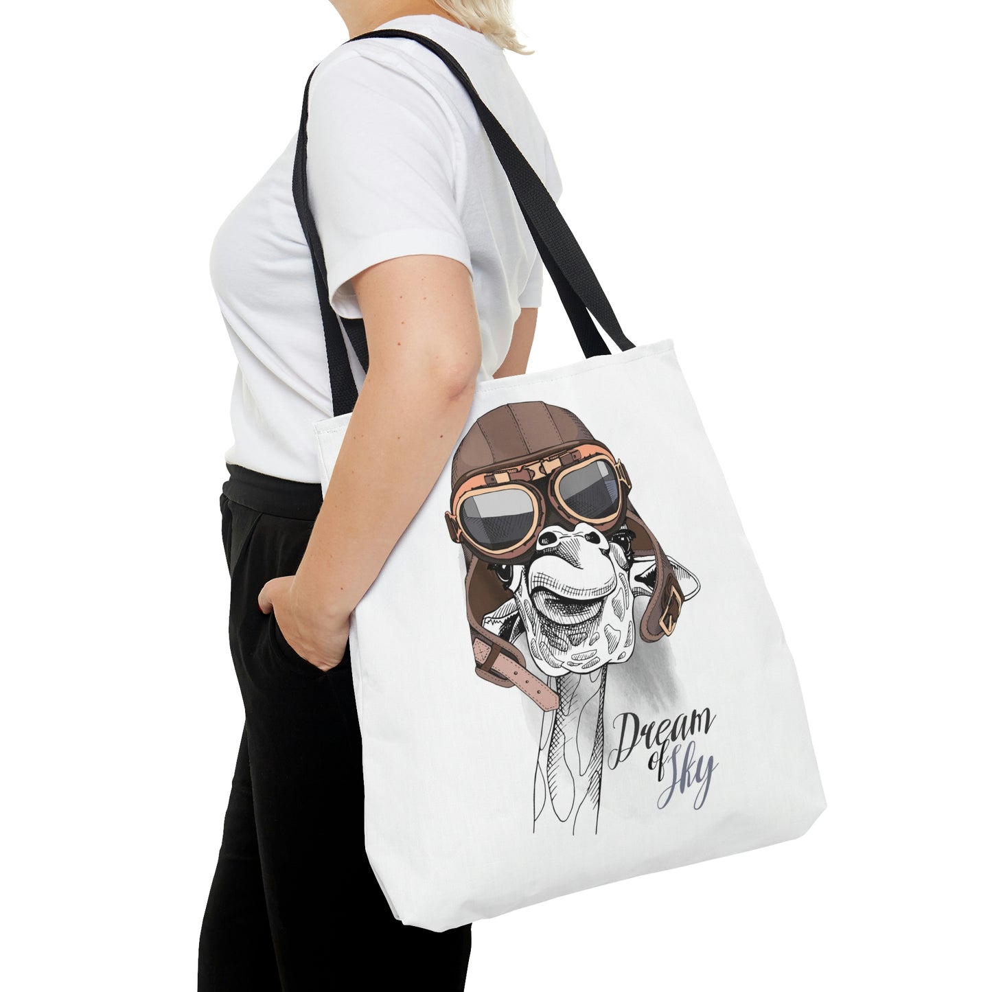 AOP Tote Bag "Giraffe in Aviator Leather Helmet"