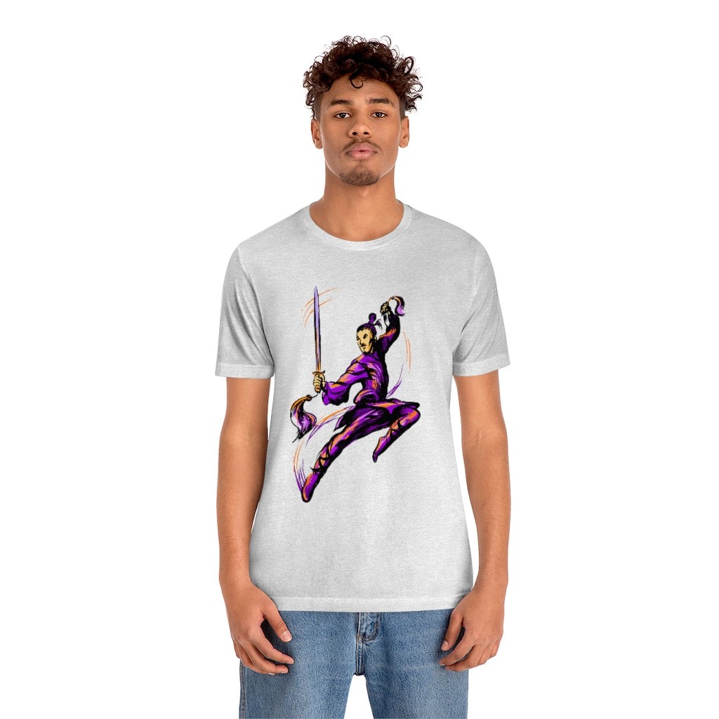 Unisex Jersey Short Sleeve Tee "Master of wushu in a purple kimono with a sword on training"
