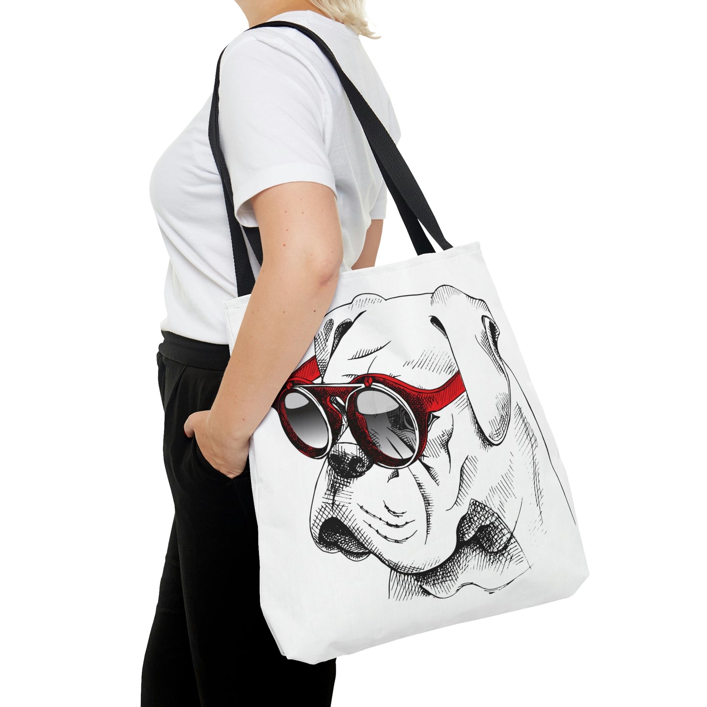 AOP Tote Bag "Bulldog in a red sunglasses"