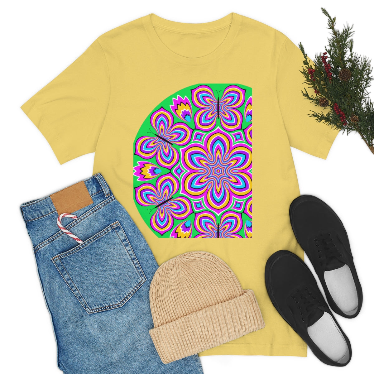 Unisex Jersey Short Sleeve Tee "Optical illusion Colorful flower and butterflies"