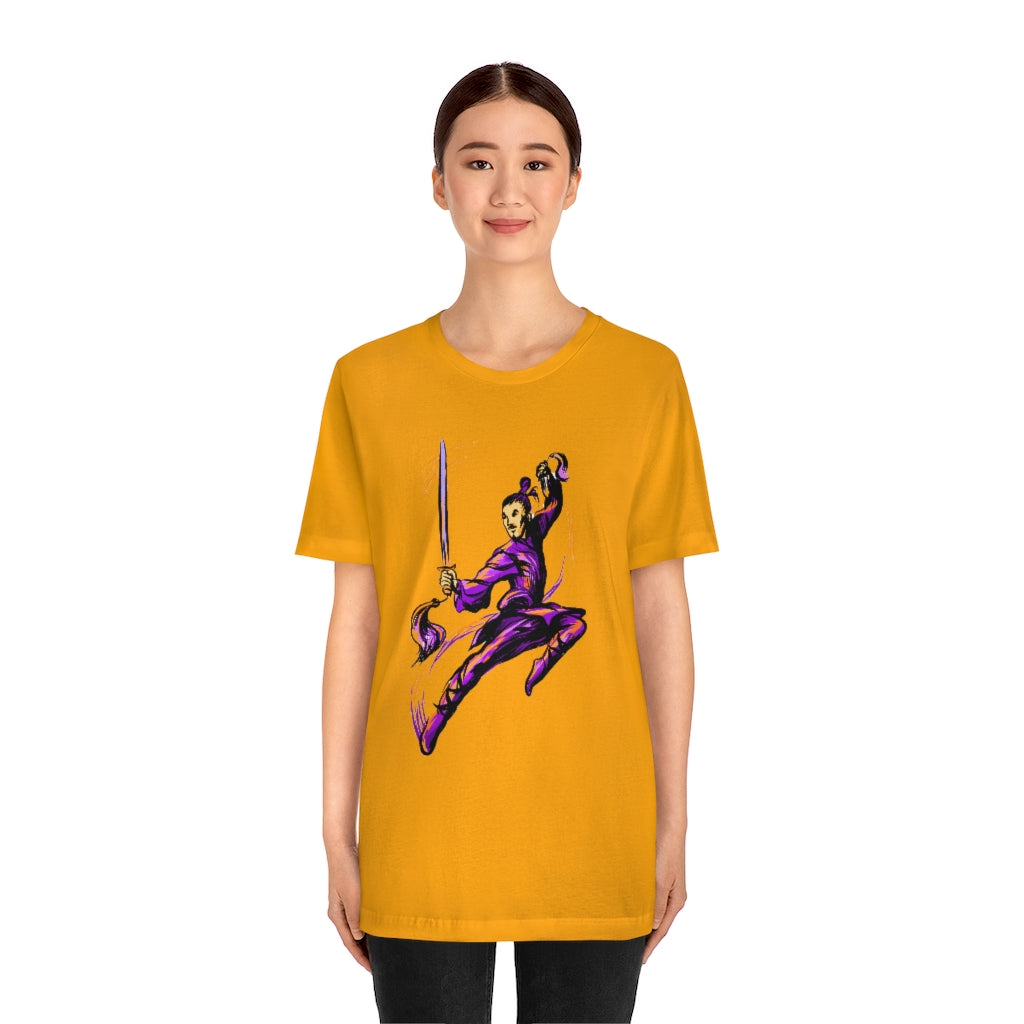 Unisex Jersey Short Sleeve Tee "Master of wushu in a purple kimono with a sword on training"