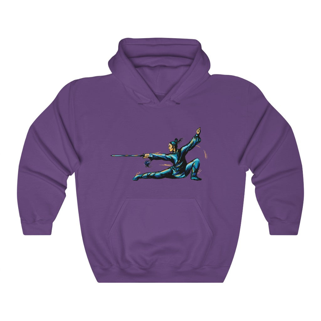 Unisex Heavy Blend™ Hooded Sweatshirt "Master of wushu in a blue kimono with a sword on training"