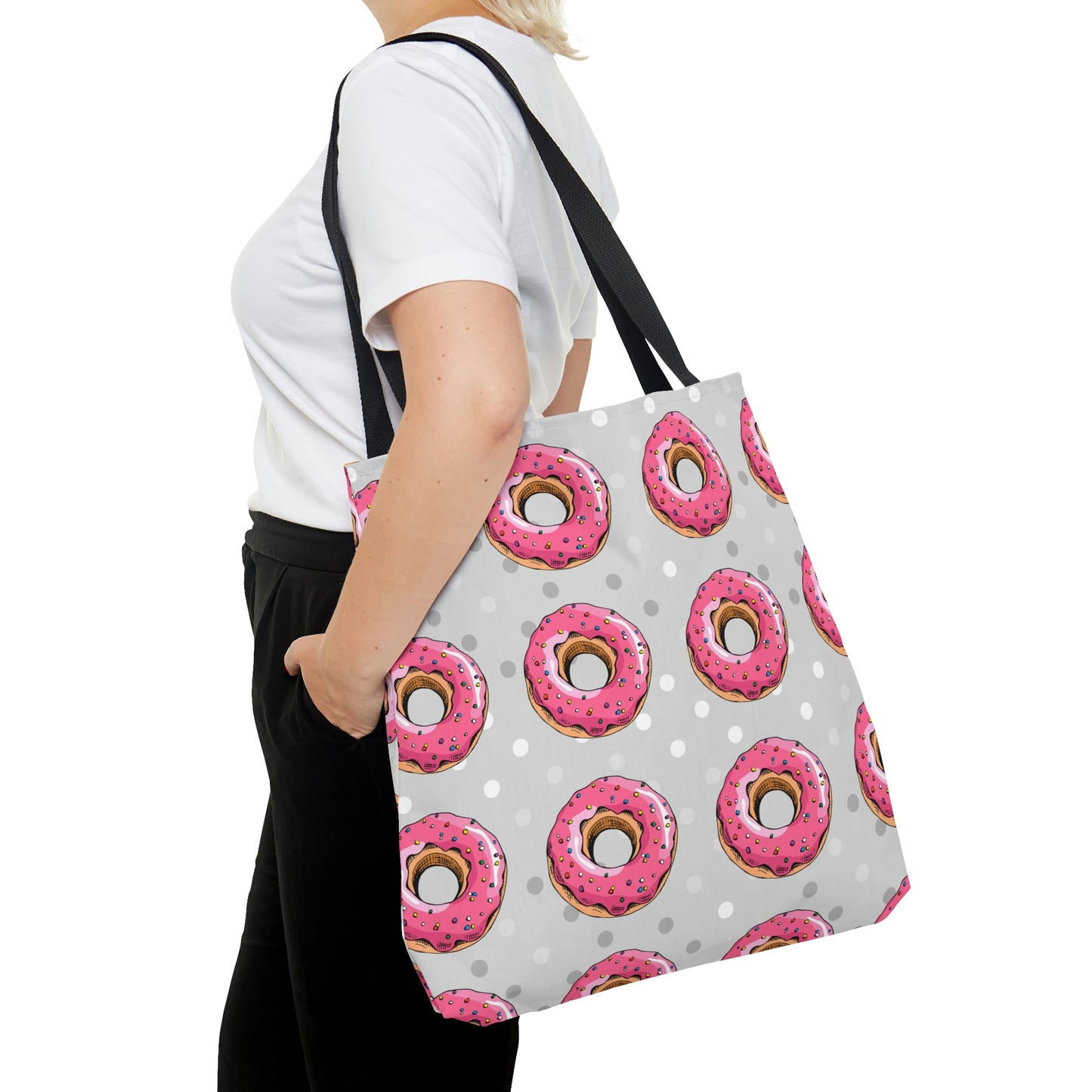 AOP Tote Bag "Pink donuts on the grey background"