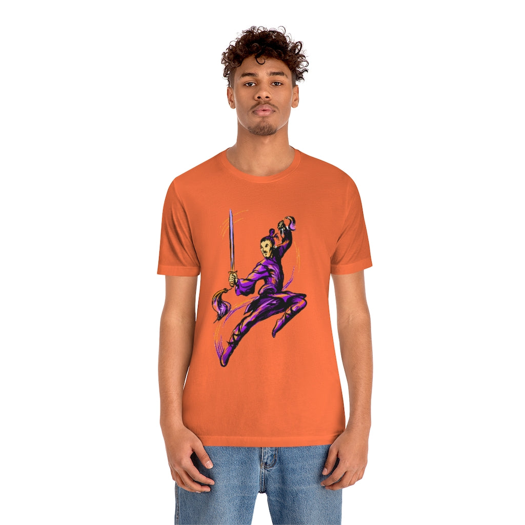 Unisex Jersey Short Sleeve Tee "Master of wushu in a purple kimono with a sword on training"