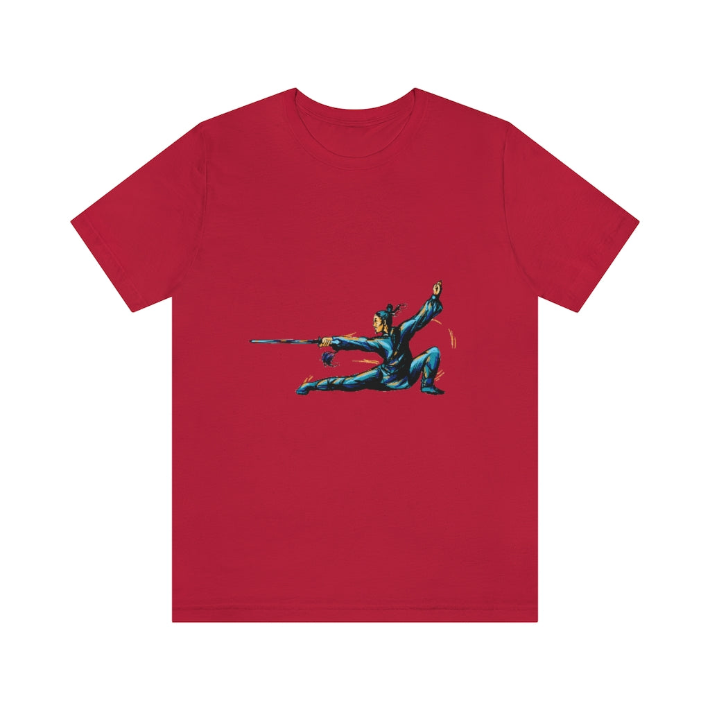 Unisex Jersey Short Sleeve Tee "Master of wushu in a blue kimono with a sword on training"