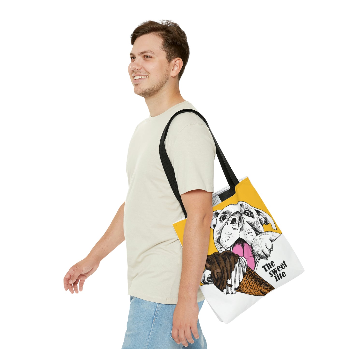AOP Tote Bag "Happy dog with ice cream on yellow background"