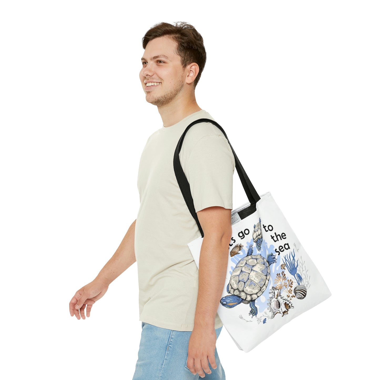 AOP Tote Bag "Two Turtle, corals, shells and fishes in the sea"