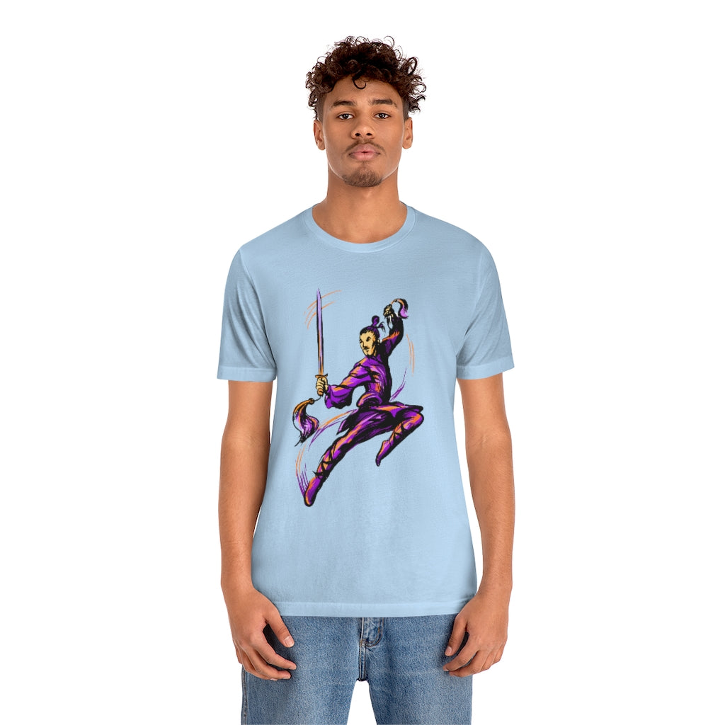 Unisex Jersey Short Sleeve Tee "Master of wushu in a purple kimono with a sword on training"