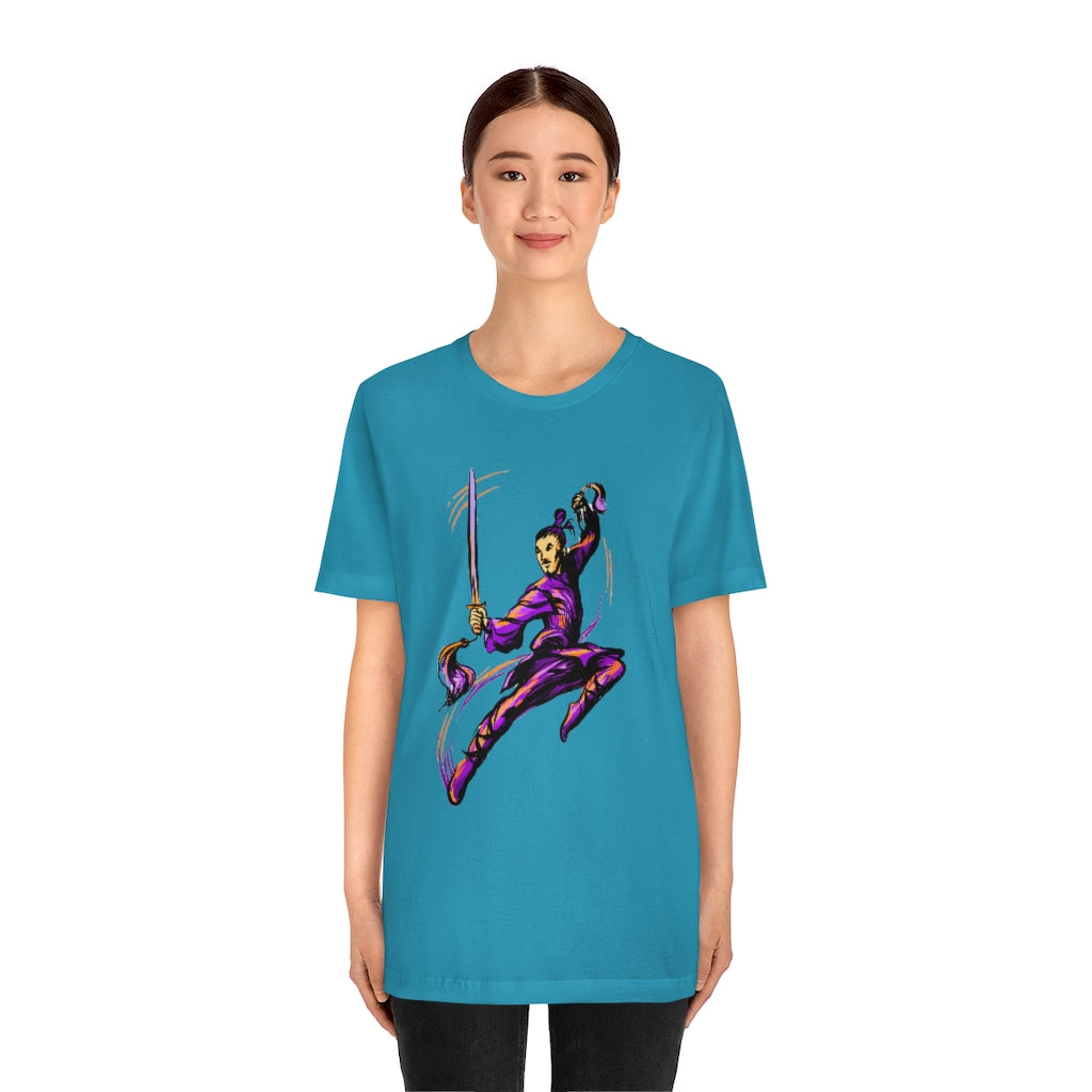 Unisex Jersey Short Sleeve Tee "Master of wushu in a purple kimono with a sword on training"