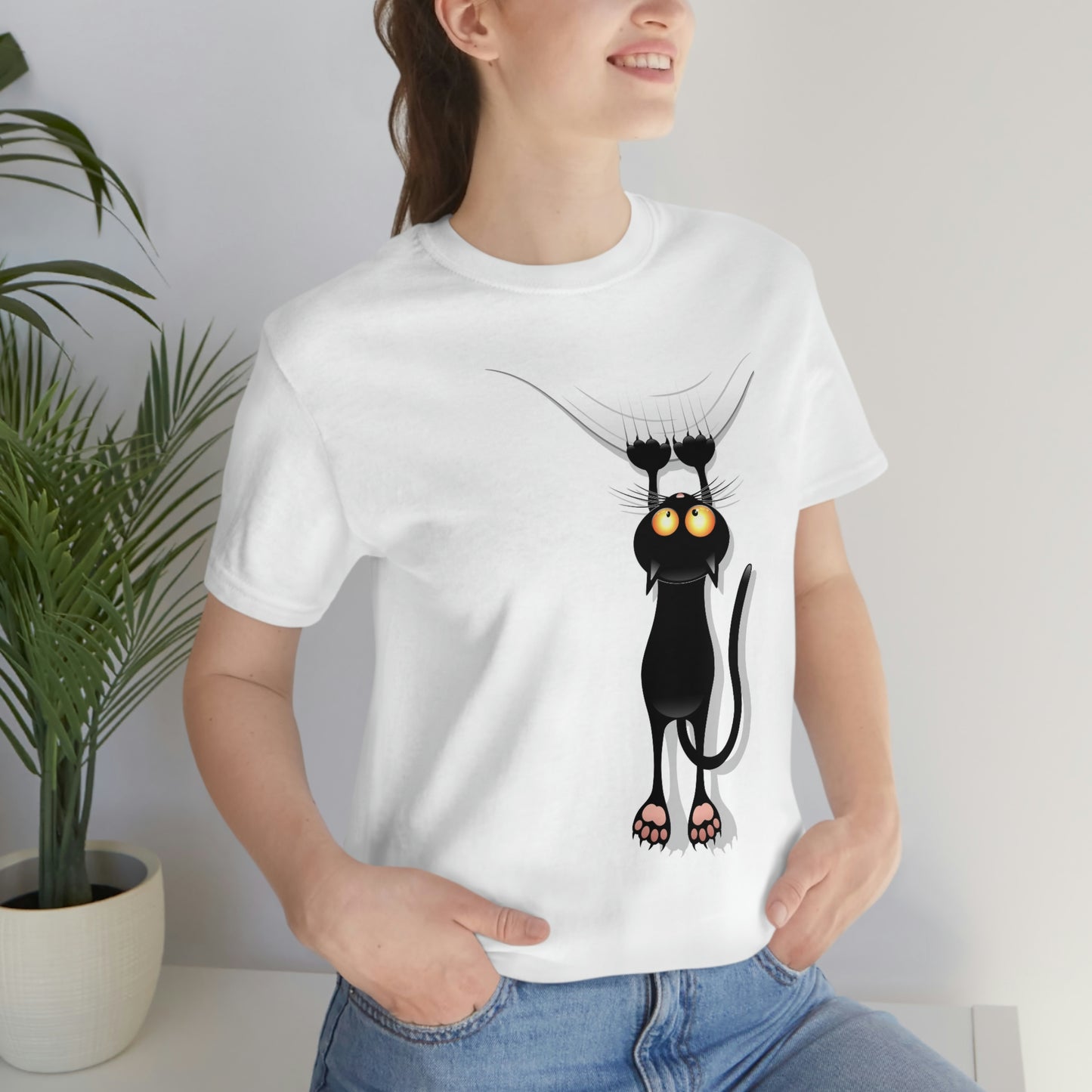 Unisex Jersey Short Sleeve Tee "Funny Cat Cartoon Scratching Curtain"