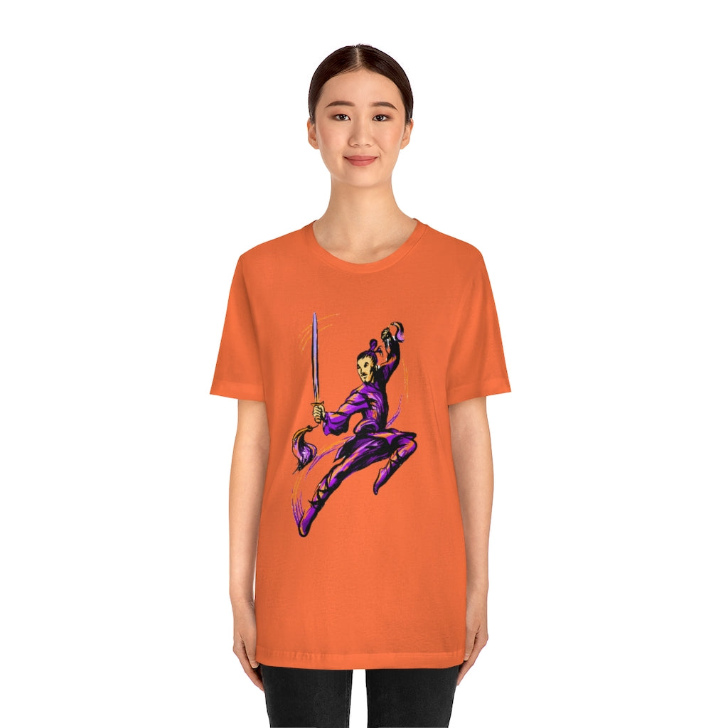 Unisex Jersey Short Sleeve Tee "Master of wushu in a purple kimono with a sword on training"