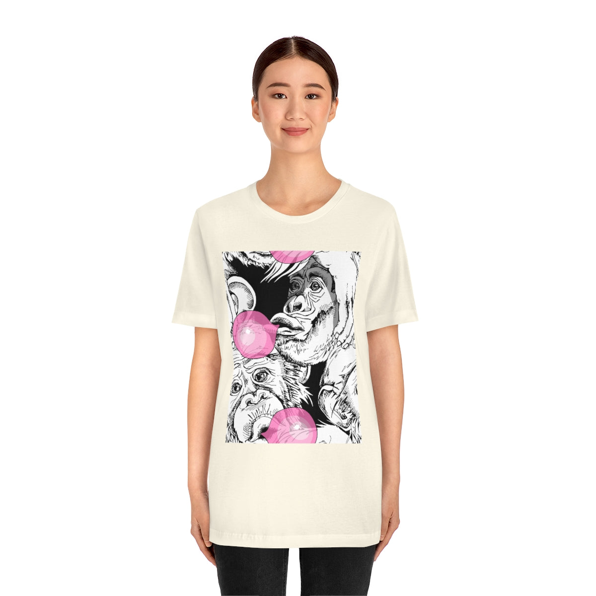 Unisex Jersey Short Sleeve Tee "Funny Monkey with a pink bubble gum"