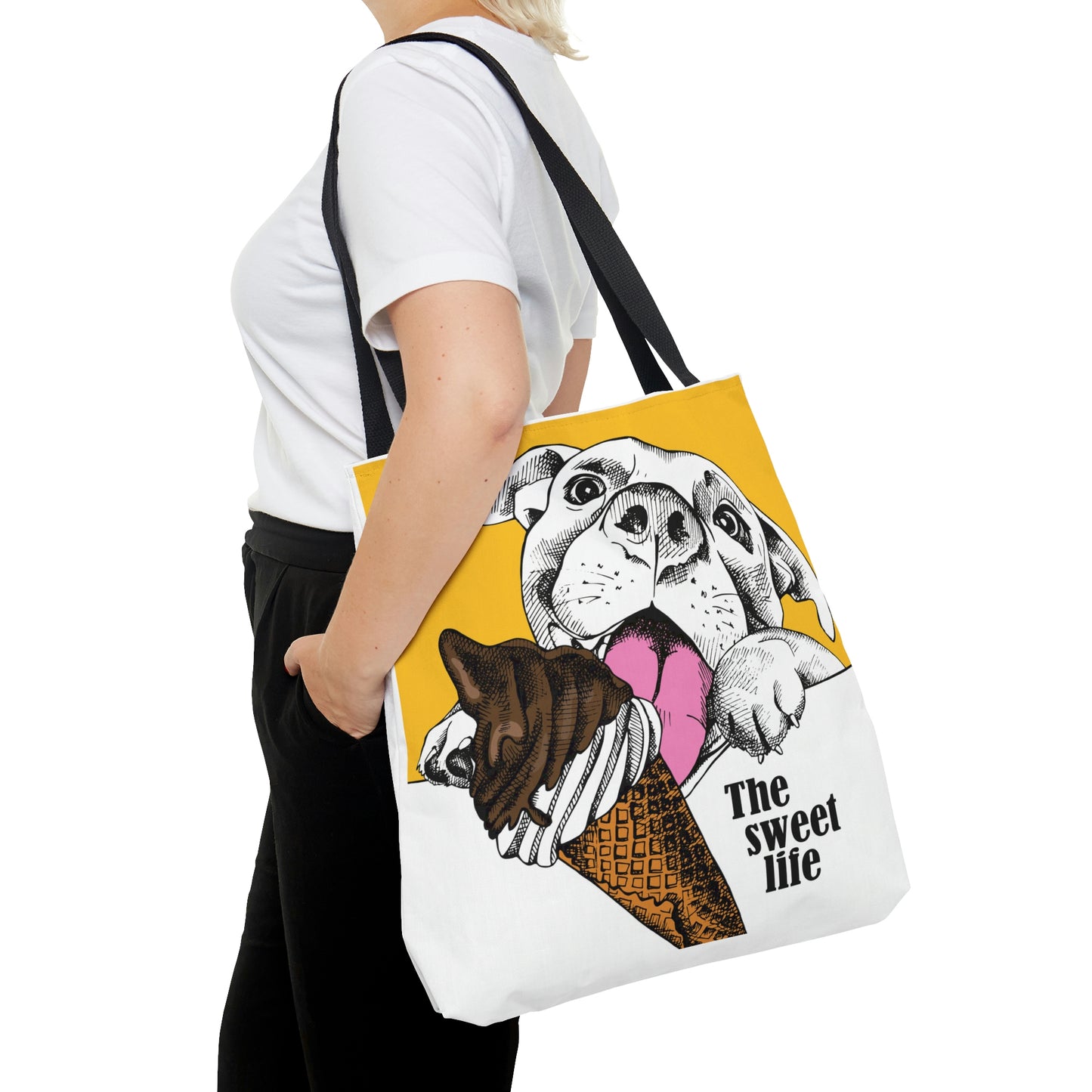 AOP Tote Bag "Happy dog with ice cream on yellow background"