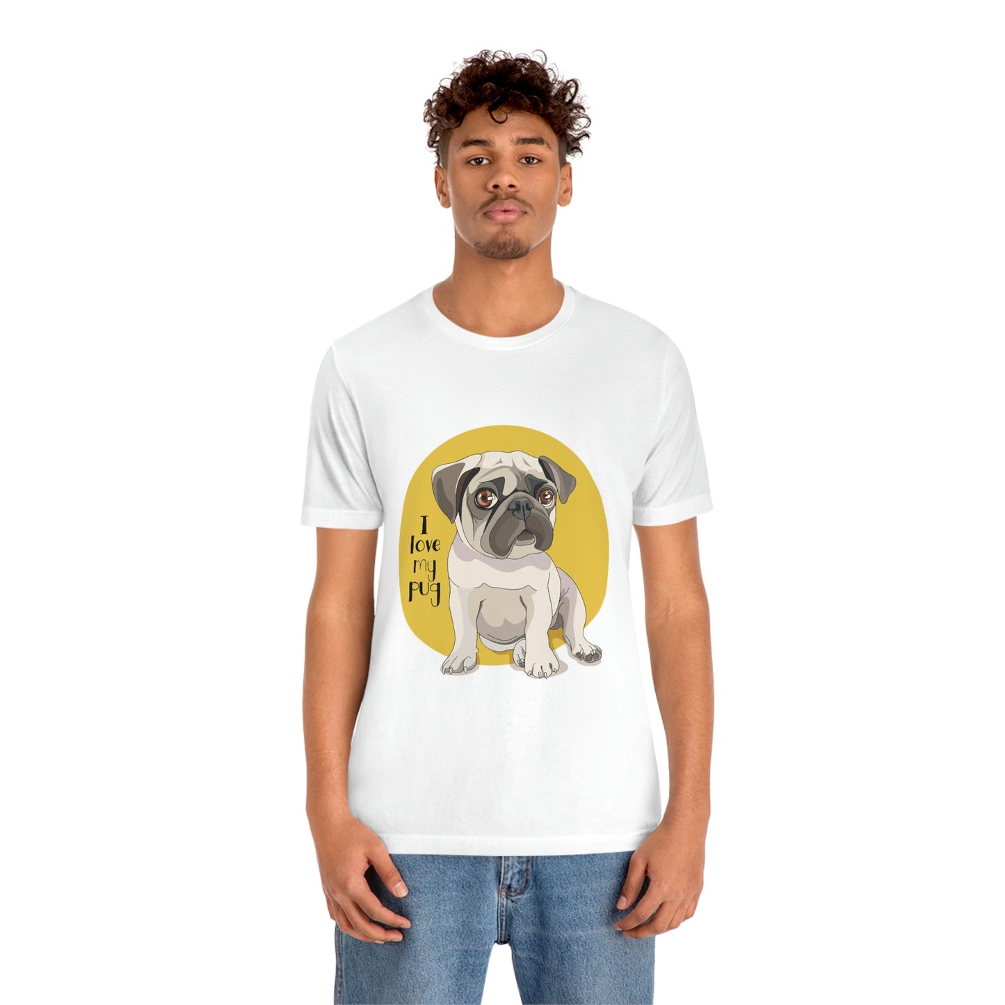 Unisex Jersey Short Sleeve Tee "Puppy Pug on a yellow background"