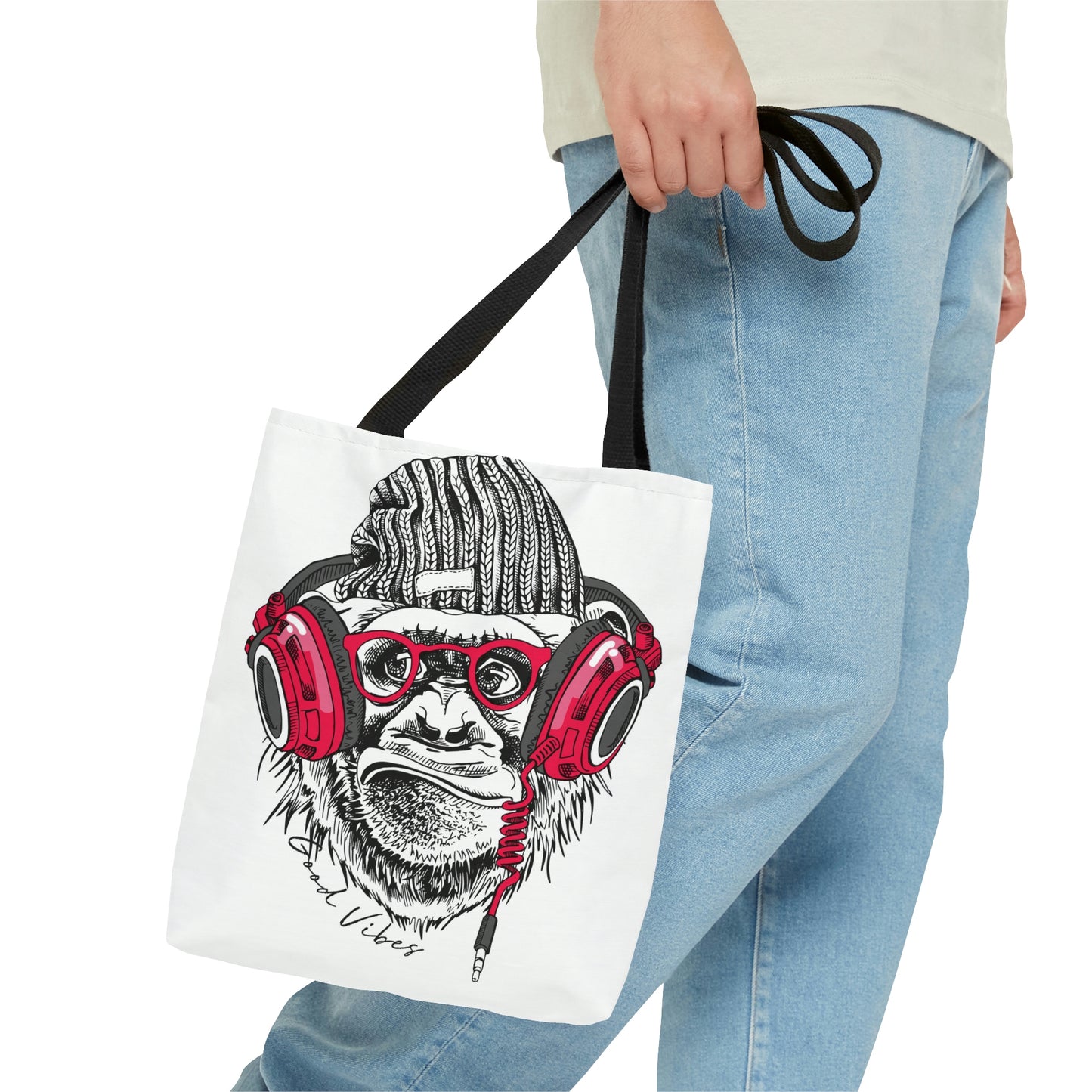 AOP Tote Bag "Funny Monkey and pink headphones"