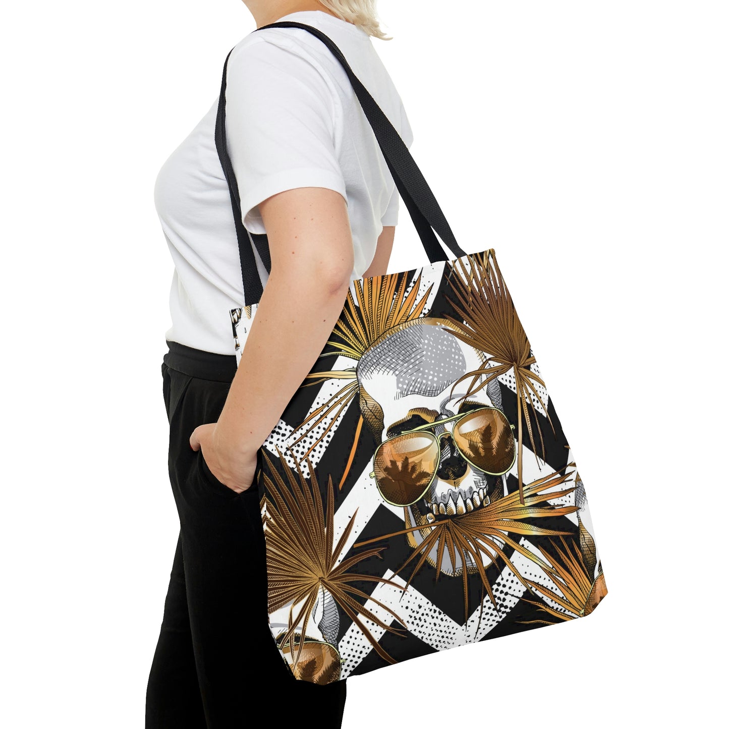 AOP Tote Bag "Tropical leaves and skulls"
