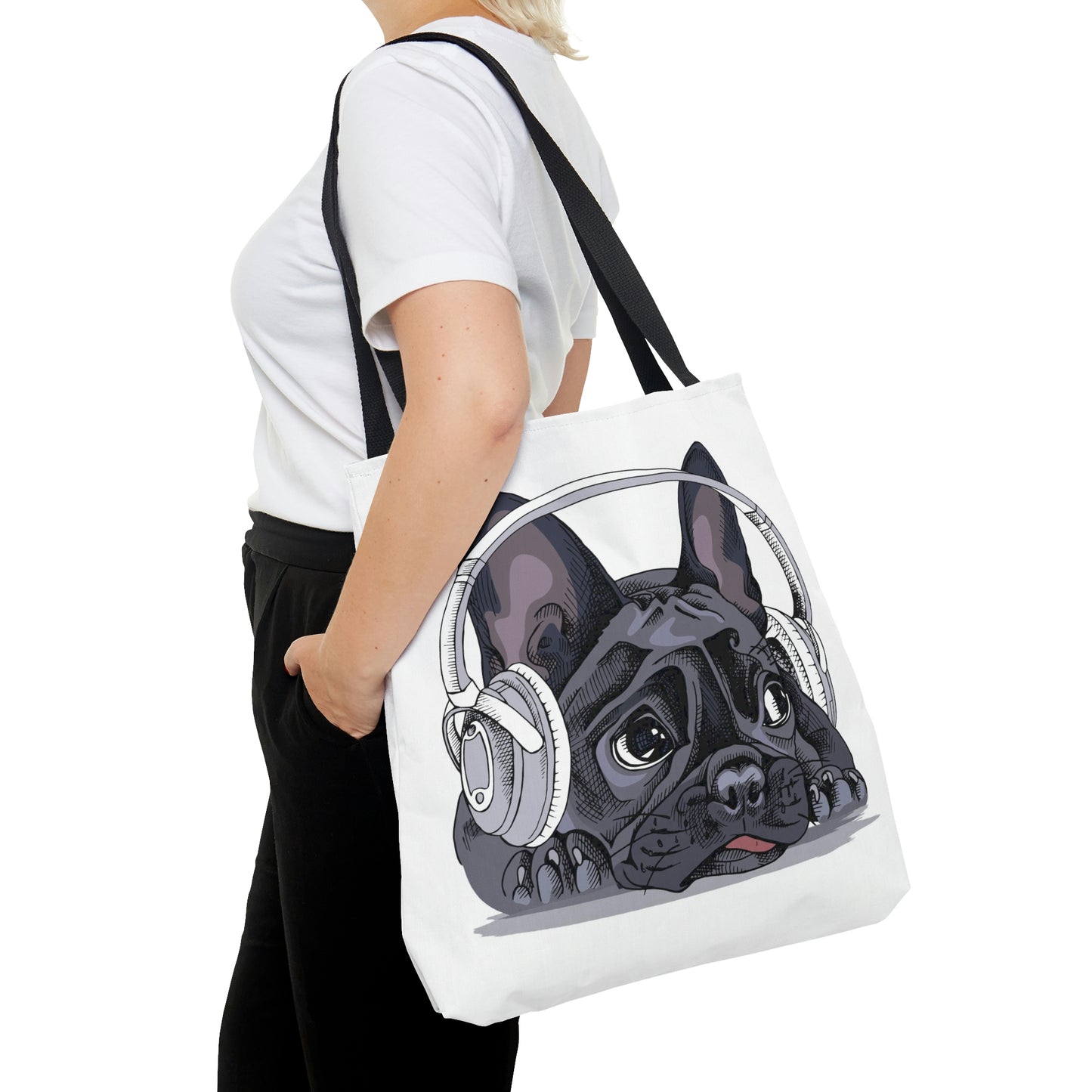 AOP Tote Bag "French bulldog with a headphones"