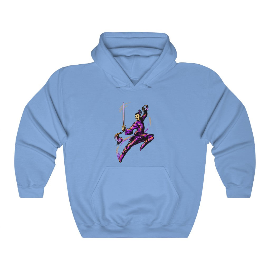 Unisex Heavy Blend™ Hooded Sweatshirt "Master of wushu in a purple kimono with a sword on training"
