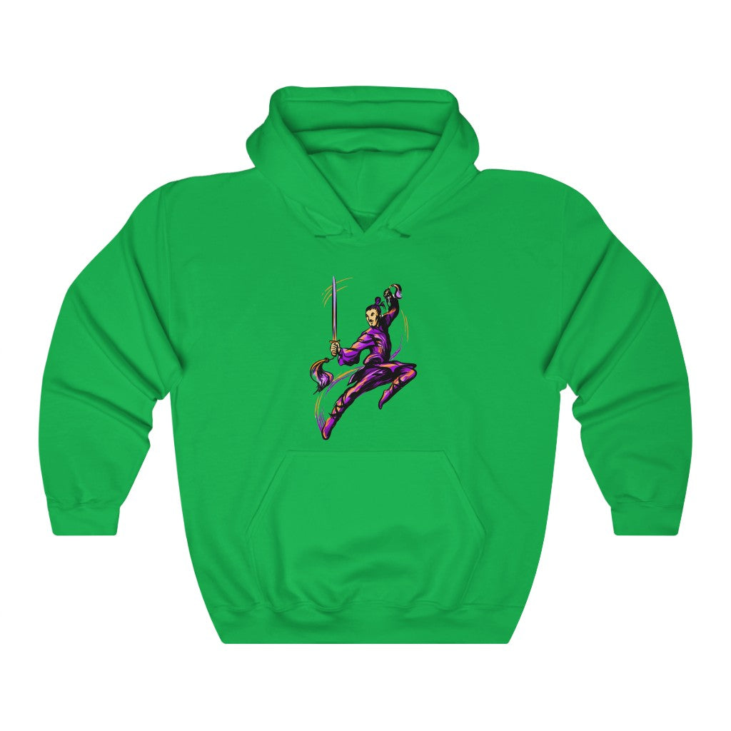 Unisex Heavy Blend™ Hooded Sweatshirt "Master of wushu in a purple kimono with a sword on training"