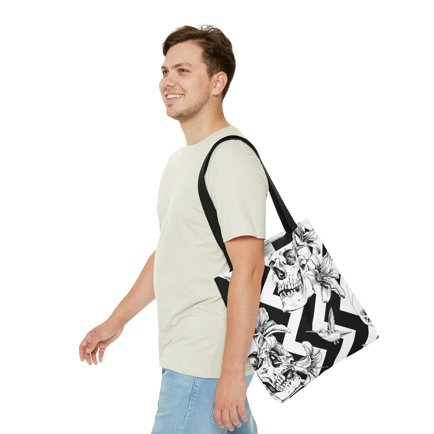 AOP Tote Bag "Human skulls with exotic flowers and bird on the geometric background"