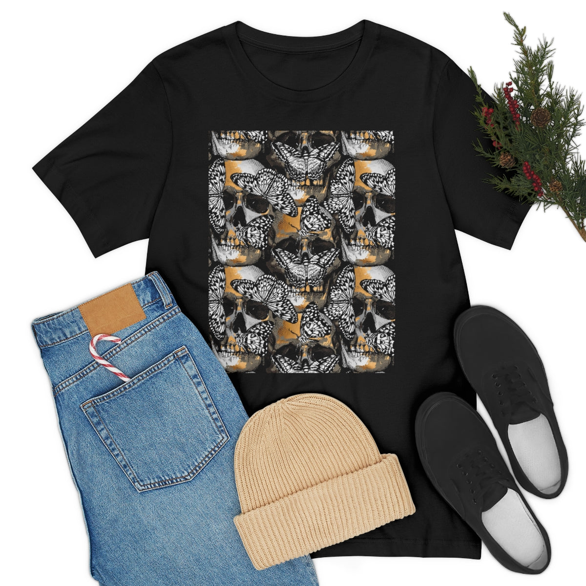 Unisex Jersey Short Sleeve Tee "Gold and silver Human skulls with & Butterflies"