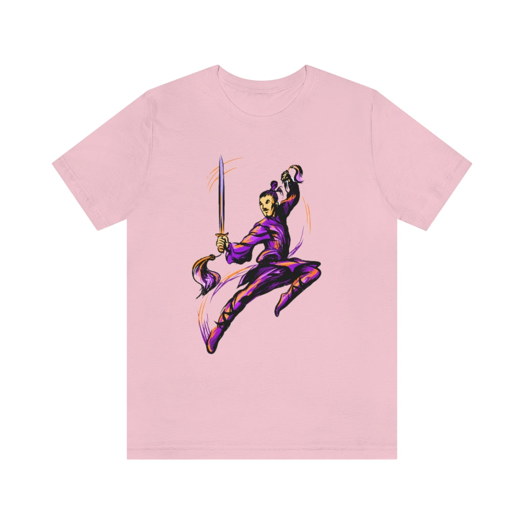 Unisex Jersey Short Sleeve Tee "Master of wushu in a purple kimono with a sword on training"