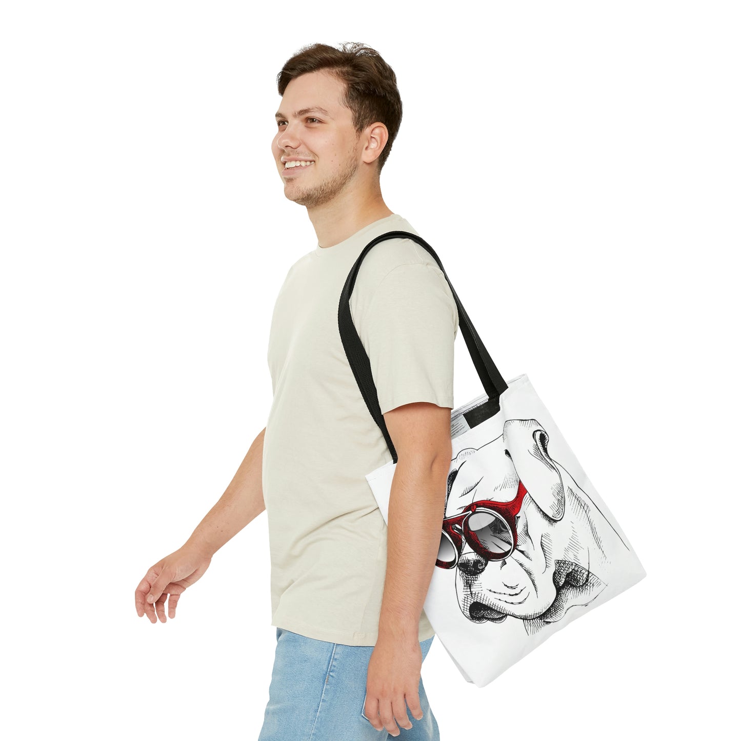 AOP Tote Bag "Bulldog in a red sunglasses"