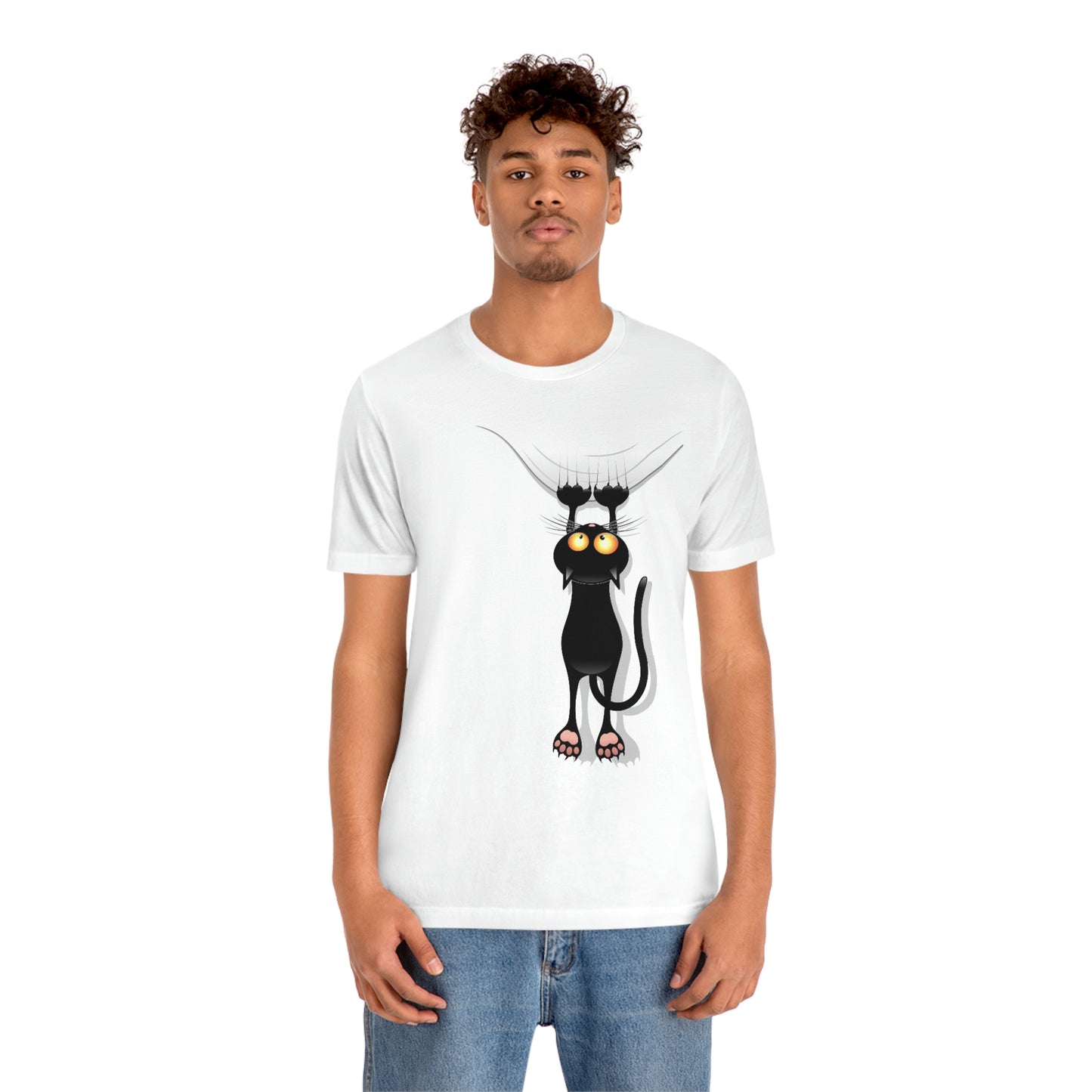 Unisex Jersey Short Sleeve Tee "Funny Cat Cartoon Scratching Curtain"