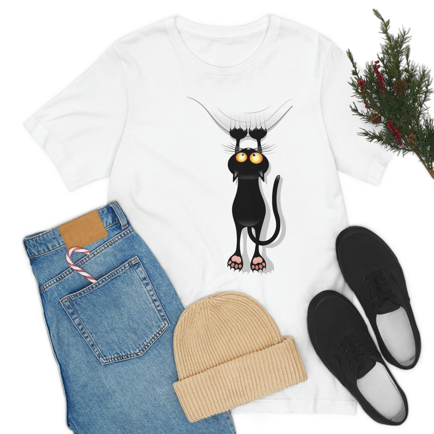 Unisex Jersey Short Sleeve Tee "Funny Cat Cartoon Scratching Curtain"