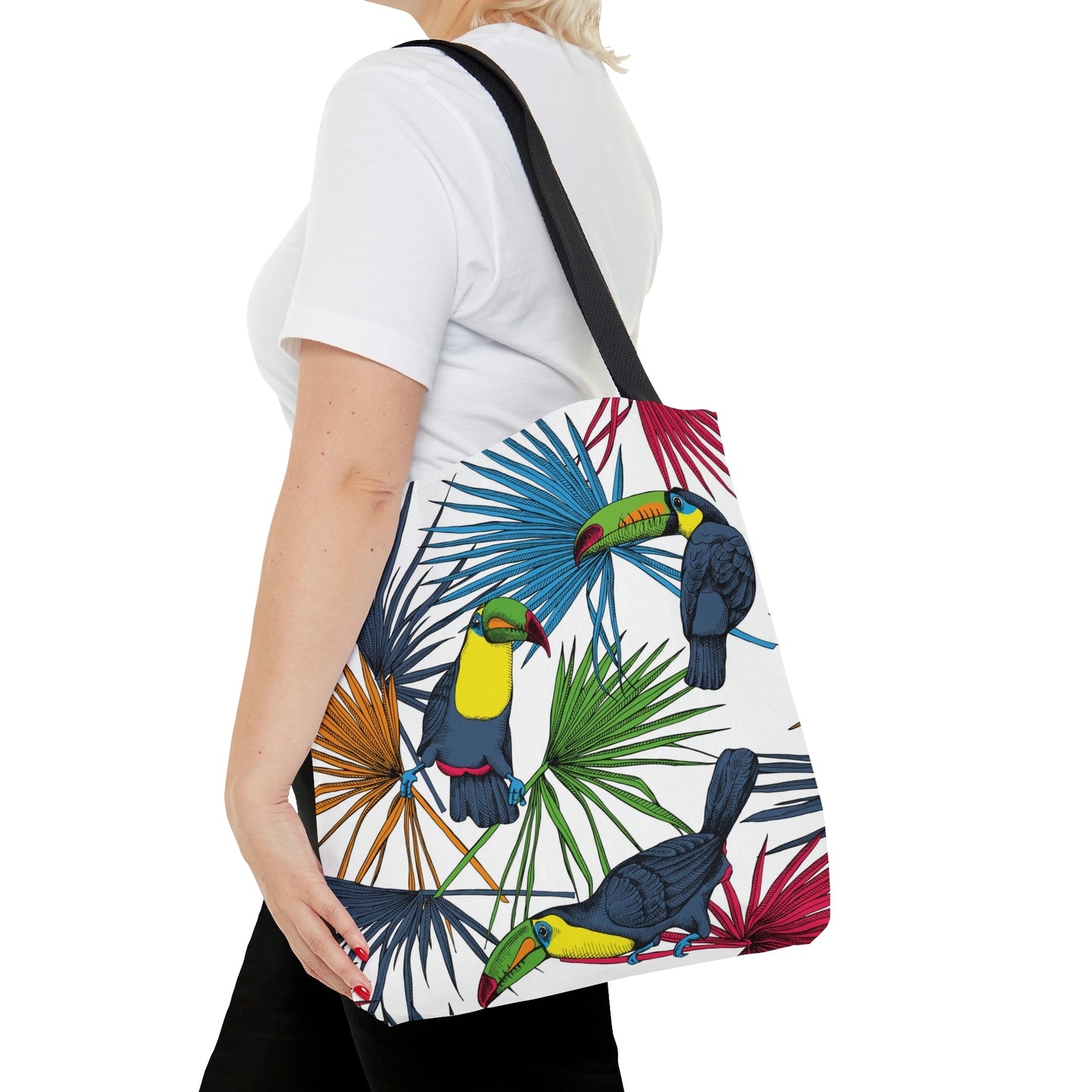 AOP Tote Bag "Tropical leaves, palm and Toucan birds"