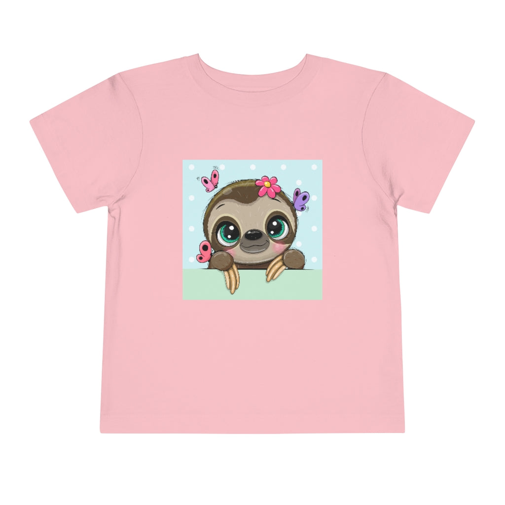 Kids Short Sleeve Tee "Cute Cartoon Sloth with butterflies on a blue background"