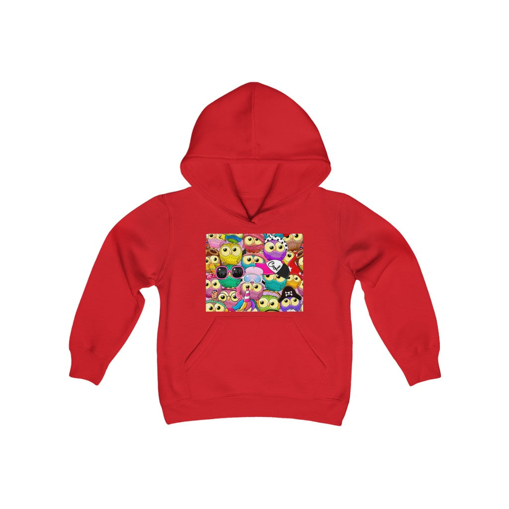 Youth Heavy Blend Hooded Sweatshirt "Colorful Pattern with cute cartoon owls"