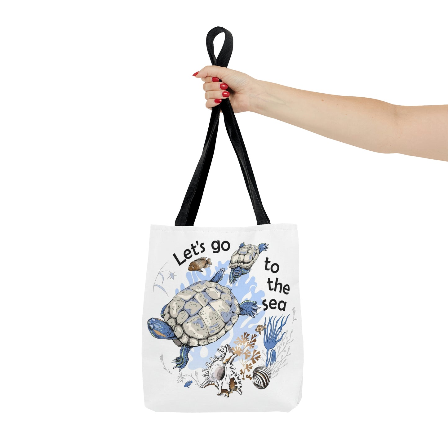 AOP Tote Bag "Two Turtle, corals, shells and fishes in the sea"