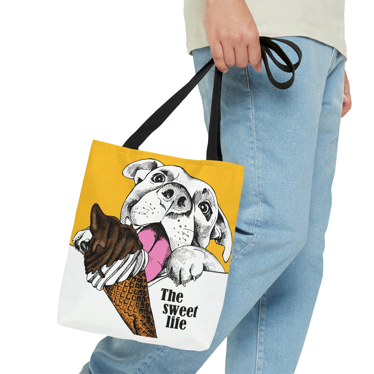 AOP Tote Bag "Happy dog with ice cream on yellow background"