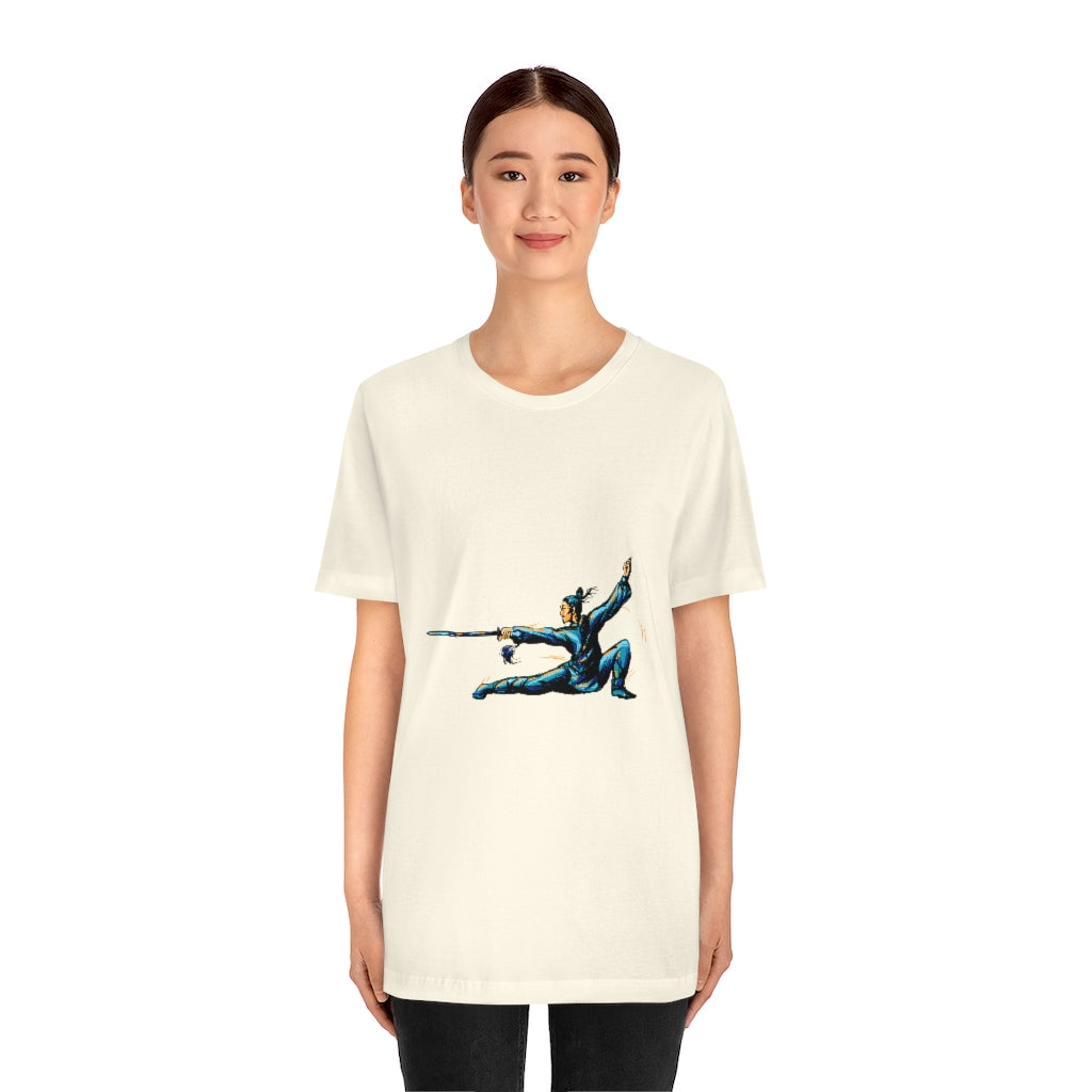 Unisex Jersey Short Sleeve Tee "Master of wushu in a blue kimono with a sword on training"