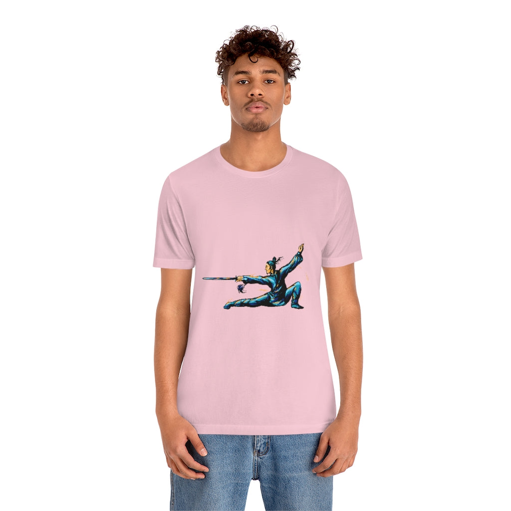 Unisex Jersey Short Sleeve Tee "Master of wushu in a blue kimono with a sword on training"