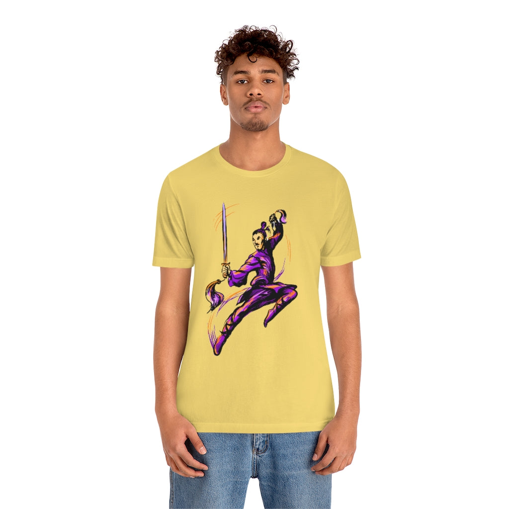 Unisex Jersey Short Sleeve Tee "Master of wushu in a purple kimono with a sword on training"