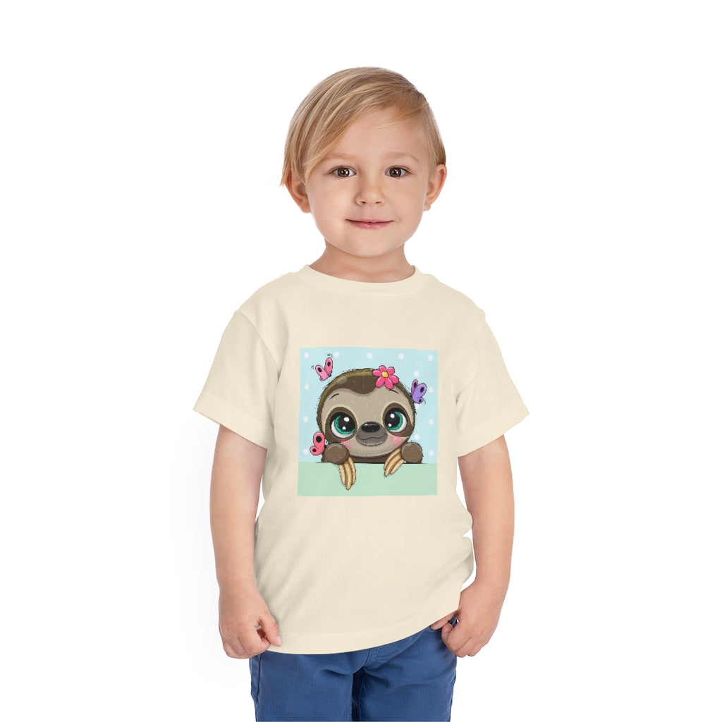 Kids Short Sleeve Tee "Cute Cartoon Sloth with butterflies on a blue background"