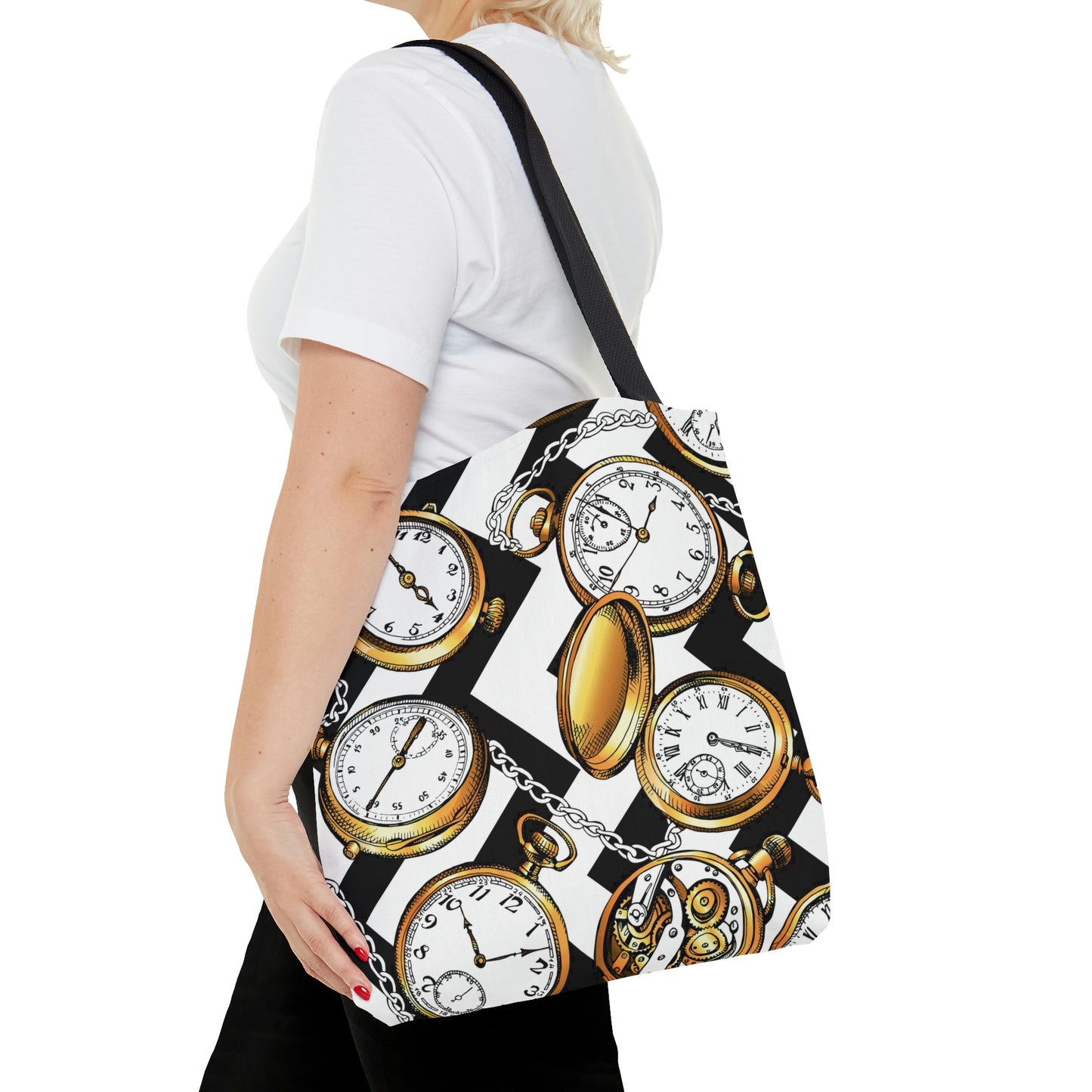 AOP Tote Bag "Gold Vintage watches and a chain on a geometric background"