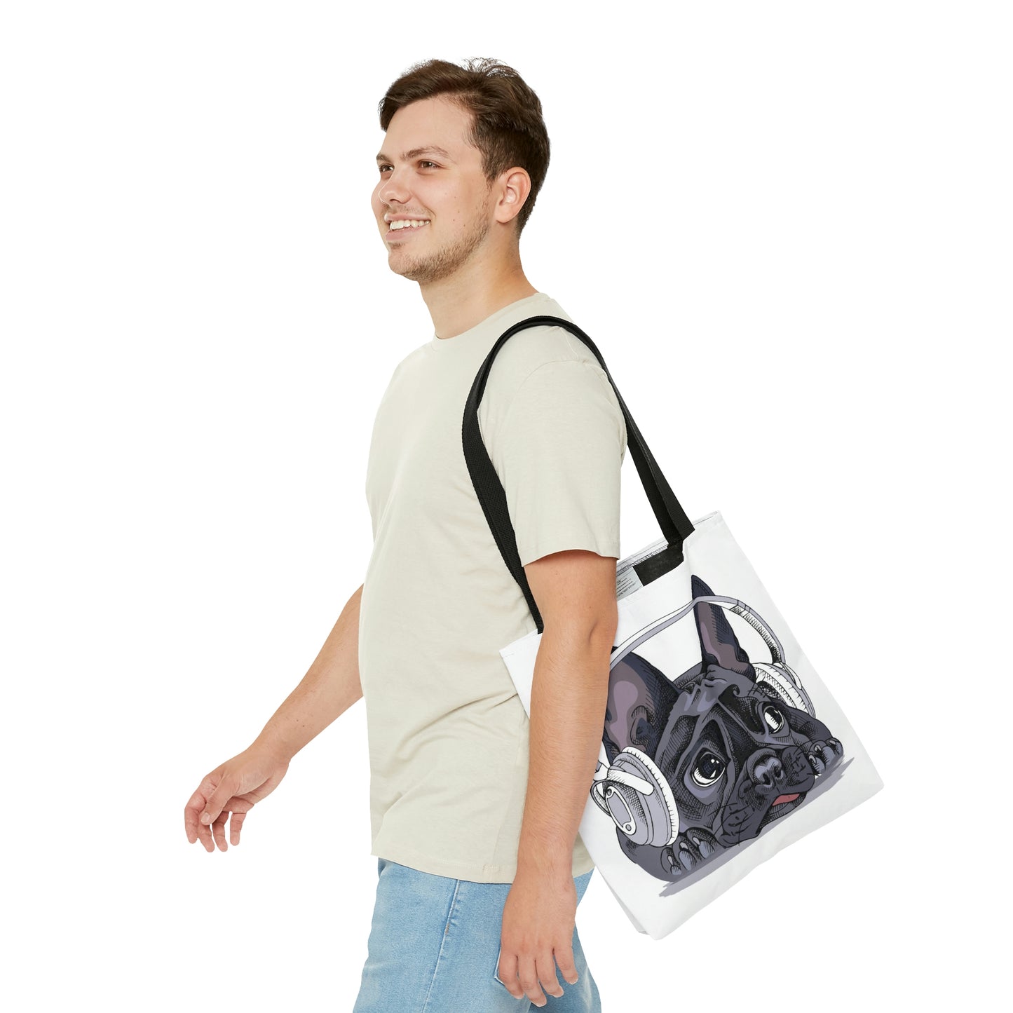 AOP Tote Bag "French bulldog with a headphones"