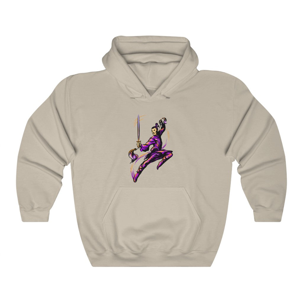 Unisex Heavy Blend™ Hooded Sweatshirt "Master of wushu in a purple kimono with a sword on training"