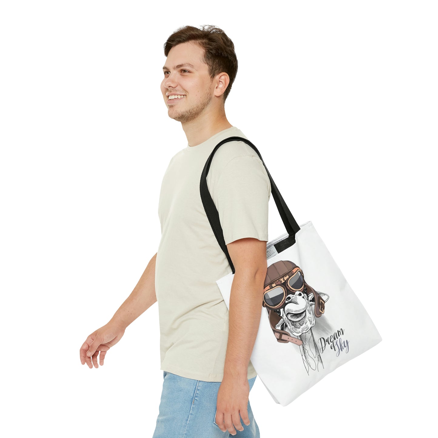 AOP Tote Bag "Giraffe in Aviator Leather Helmet"