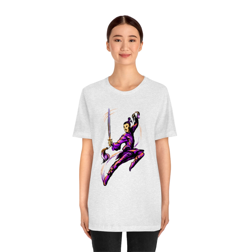 Unisex Jersey Short Sleeve Tee "Master of wushu in a purple kimono with a sword on training"
